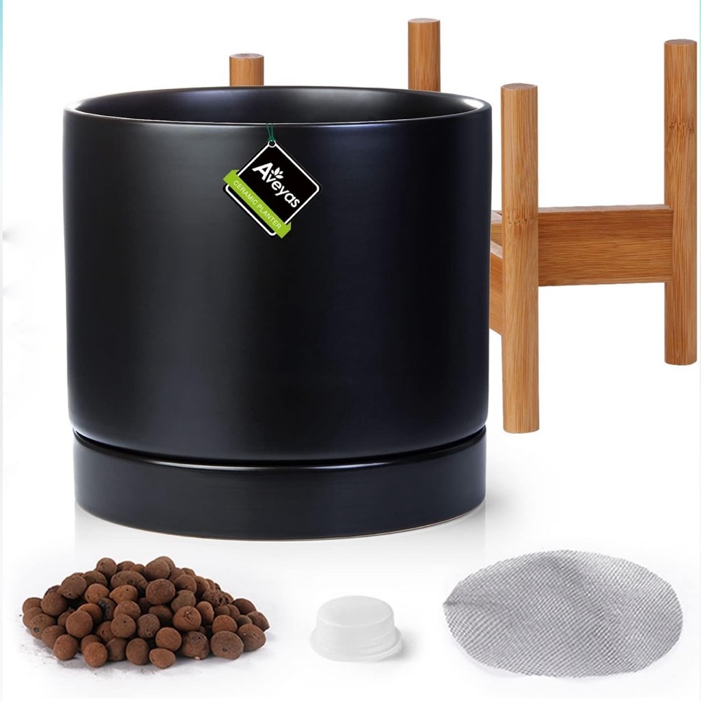 Aveyas 10 inch Ceramic Planter Pot with Drainage Hole & Saucer - Matte Black